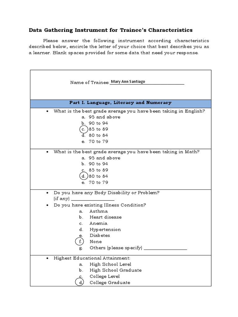 Data Gathering Instrument for Tranee Learning Styles Pedagogy