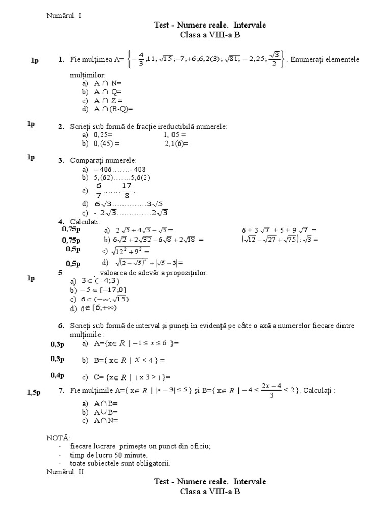 Test - Intervale-Numere Reale | PDF