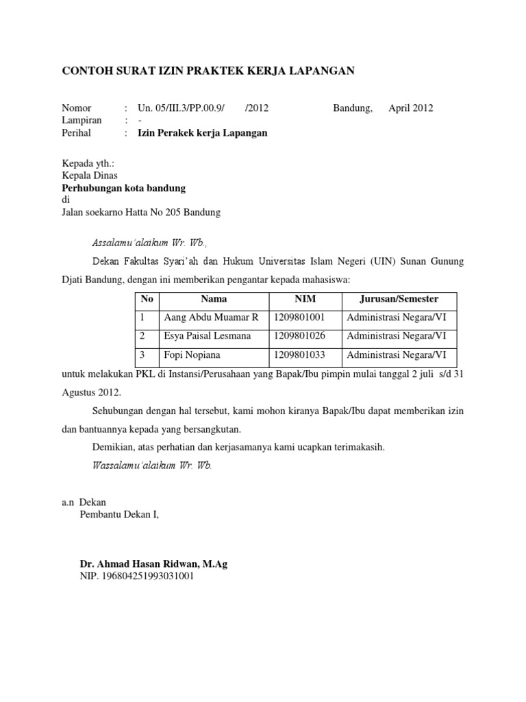 Contoh Surat Izin Praktek Kerja Lapangan Pdf