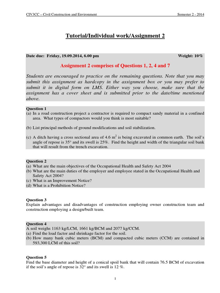 Civil Construction Assignment Guide 2014 | PDF | Excavation ...