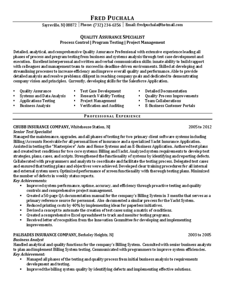 Quality Assurance Specialist In NJ NY Resume Fred Puchala Quality