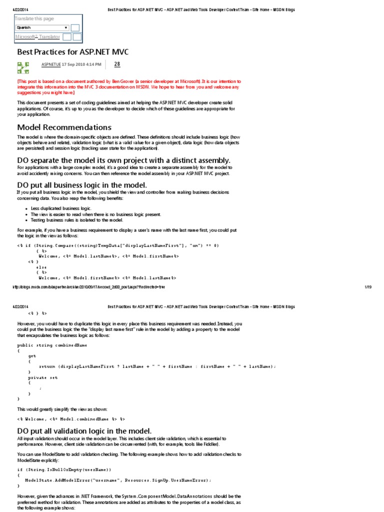 Best Practices For ASP - Net MVC - ASP | PDF | Model–View–Controller | Http  Cookie