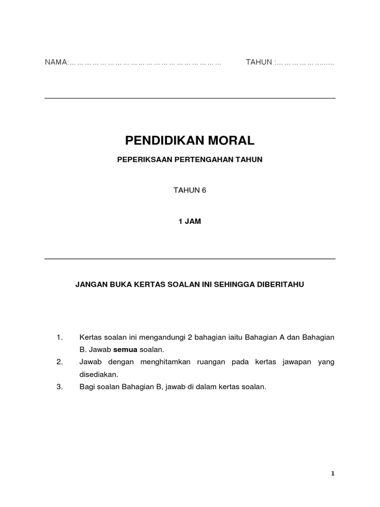 Soalan Moral Tahun 6