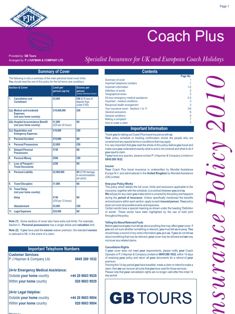 GB Tours Coach + 2010 Policy PDF Insurance Hospital
