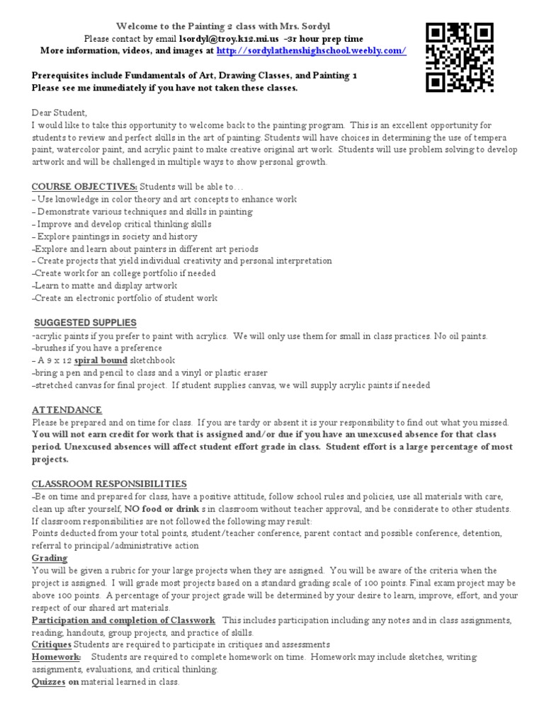 syllabus for painting 2 class Paintings Homework