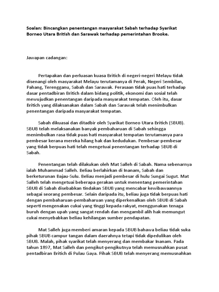 Penentangan Masyarakat Sabah Terhadap Syarikat Borneo Utara British Dan Sarawak Terhadap Pemerintahan Brooke Pdf