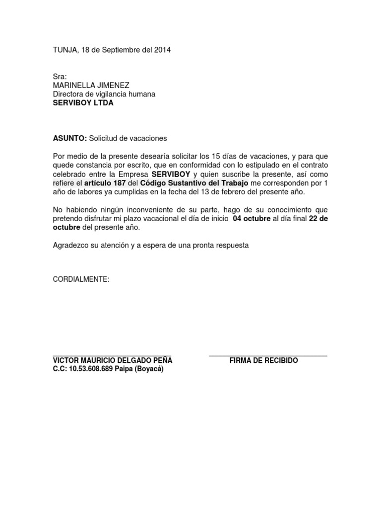 Carta de Solicitud de Vacaciones