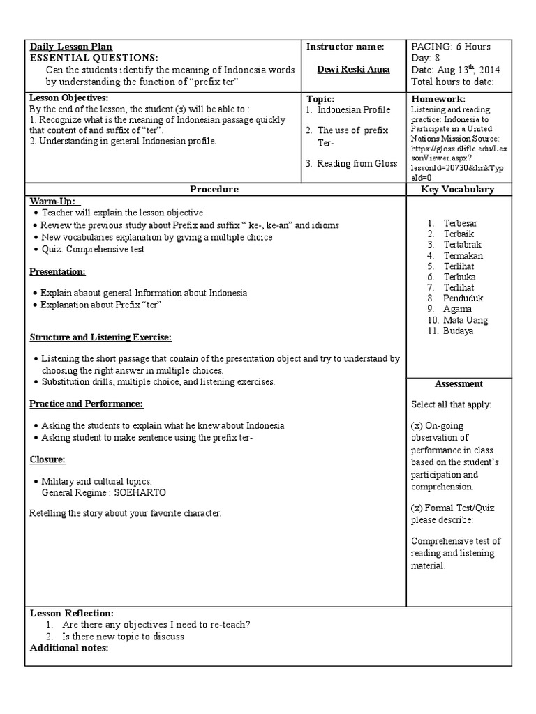 Dewi Lesson Plan | PDF | Language Arts & Discipline
