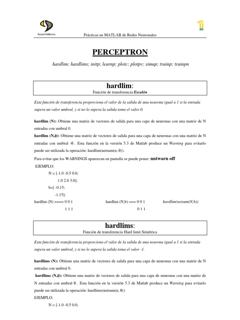 Funciones hardlim en MATLAB | PDF | Clasificación Estadística | Áreas ...