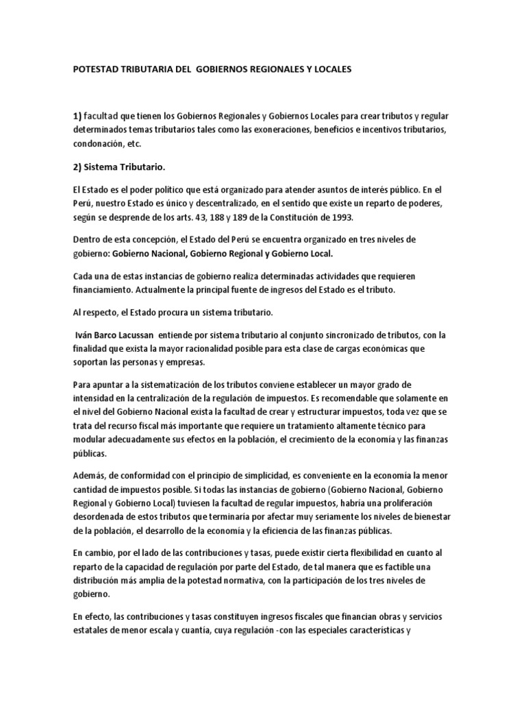 Potestad Tributaria en Gobiernos Regionales y Locales | PDF | Auditoría ...