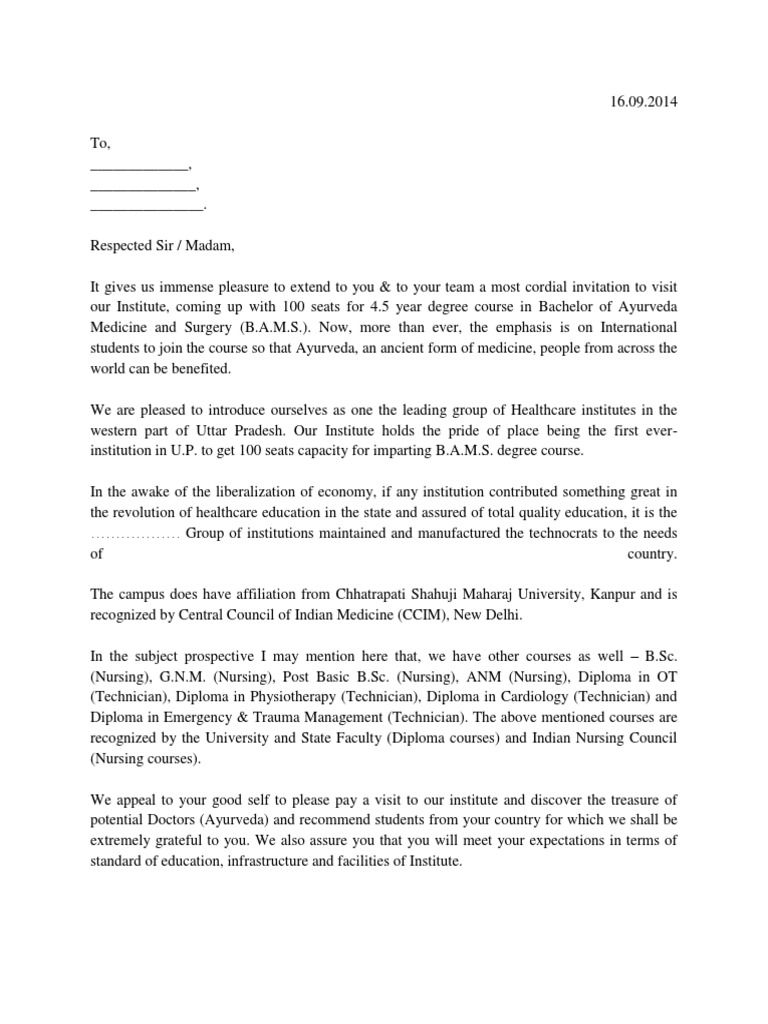 Invitation Letter to Visit College | Nursing | Health Sciences