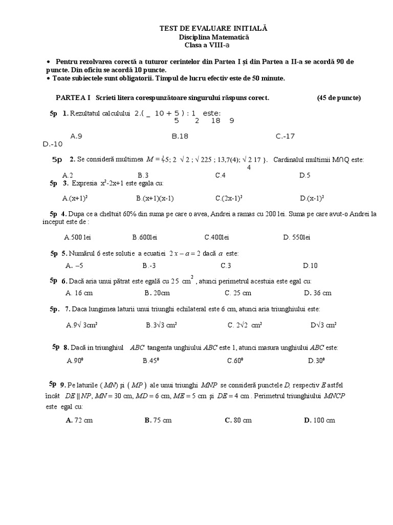 Test Initial Clasa 8 | PDF