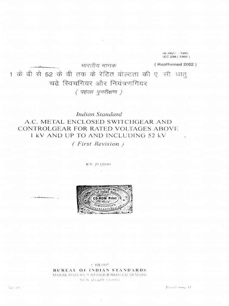 Is 3427 1997 Iec 298 1990 Switch Gear Contrl Gear Nature