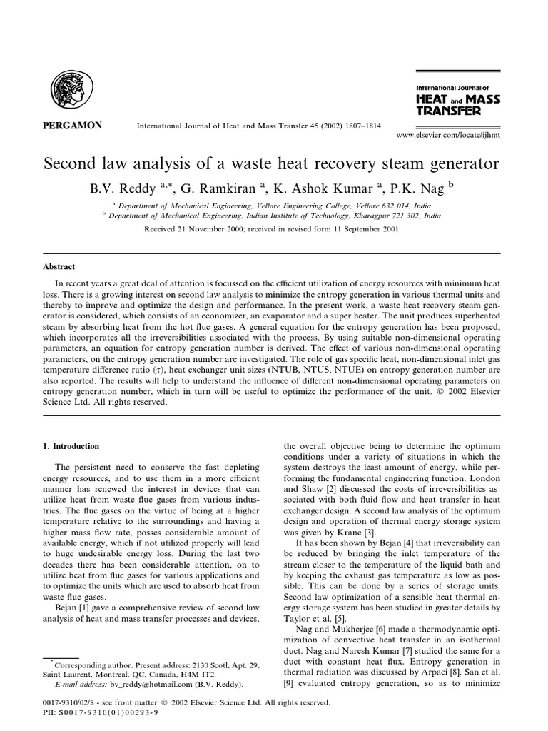 Entropy Generation in Heat Recovery Systems | PDF | Second Law Of ...