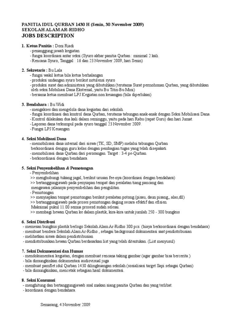 Job Description Panitia Idul Adha Di Sekolah