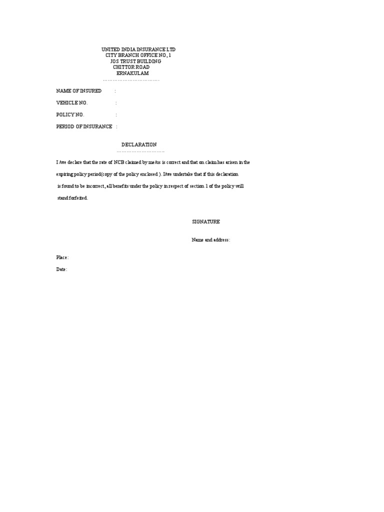 United India Insurance NCB Declaration Form | PDF