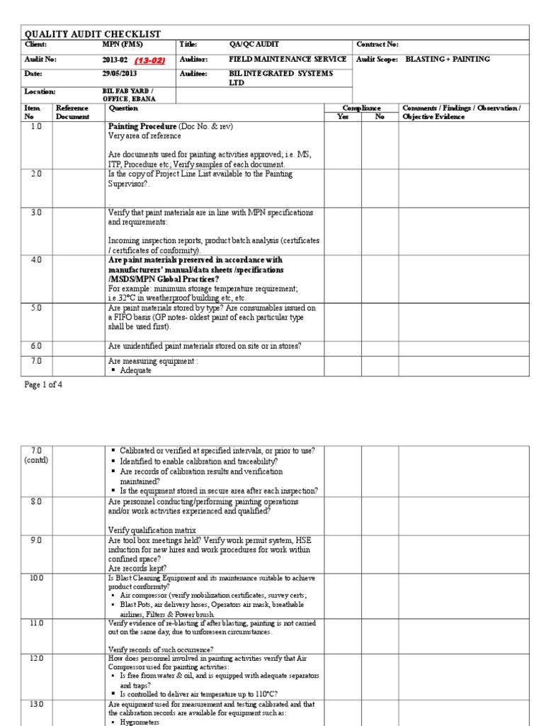 Audit Checklist Blasting Painting1 PDF Conservation And
