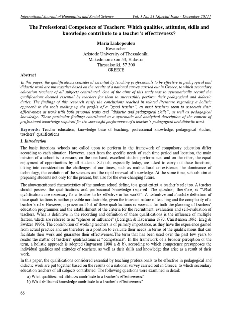 The Professional Competence of Teachers: Which Qualities, Attitudes ...