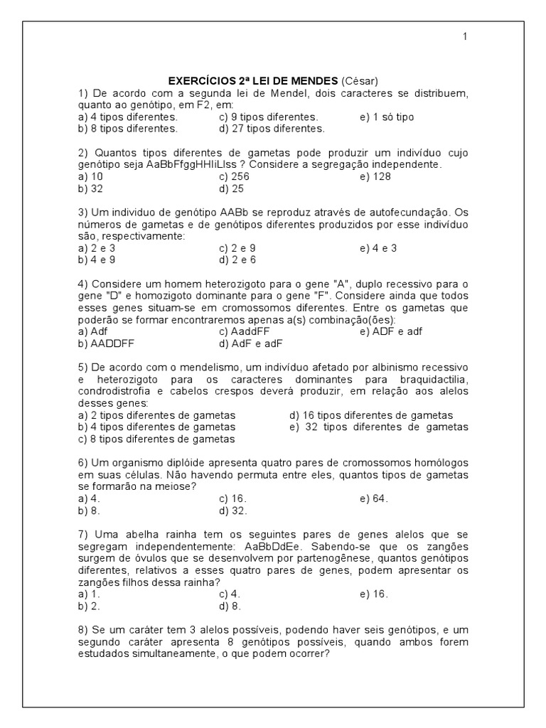Exercícios 2 Lei de Mendel | PDF | Alelo | Dominância (genética)