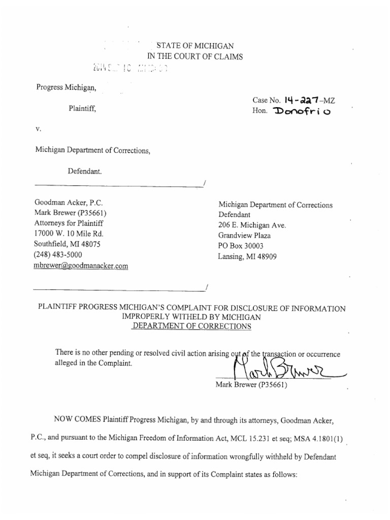 Progress Michigan MDOC FOIA Lawsuit | PDF | Freedom Of Information Act ...