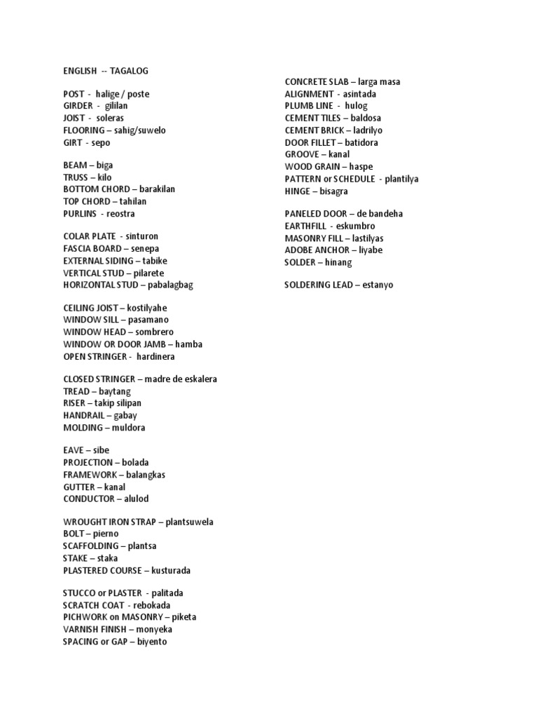 ENGLISH TAGALOG ARCHITECTURAL TERMS