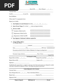 IDBI BANK Customer Request Form