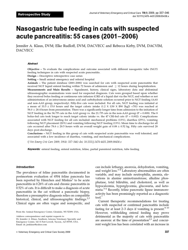 Nasogastric Tube Feeding in Cats With Suspected Acute Pancreatitis 55 Cases (2001 2006) PDF