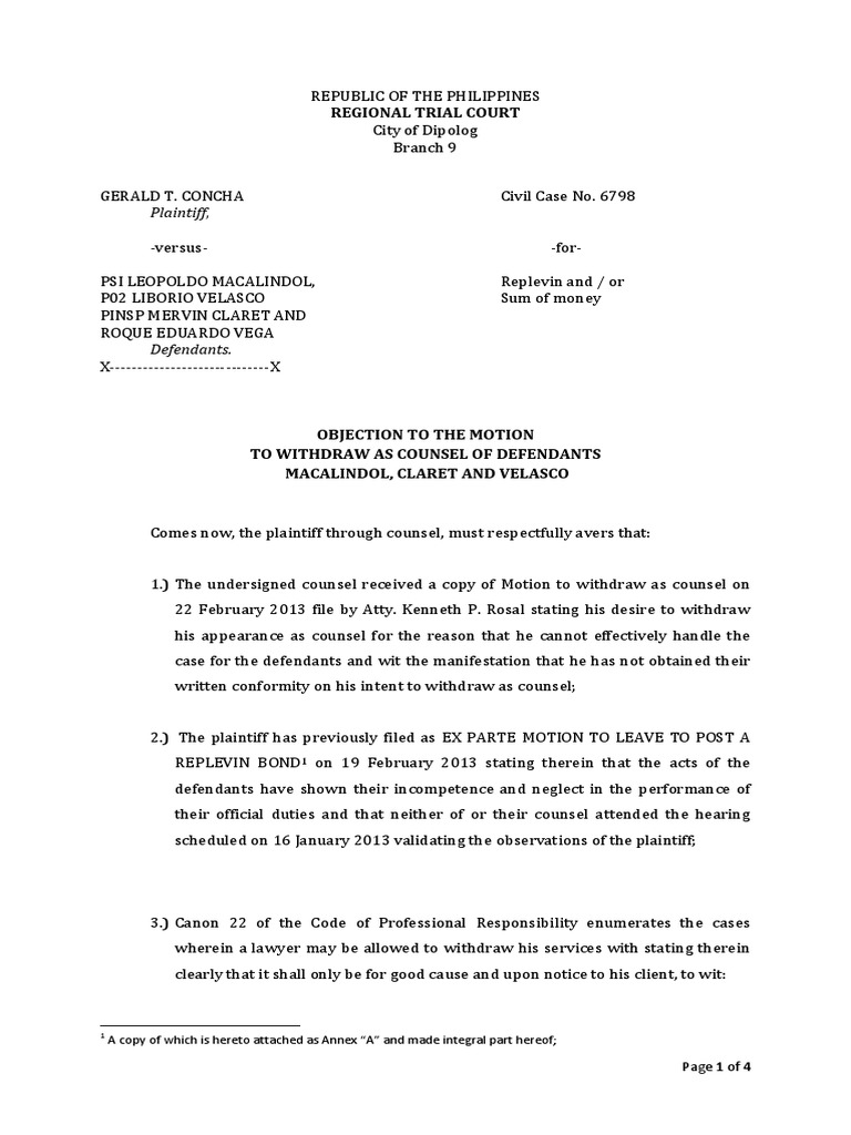 Objection to the Motion to Withdraw | Lawyer | Justice