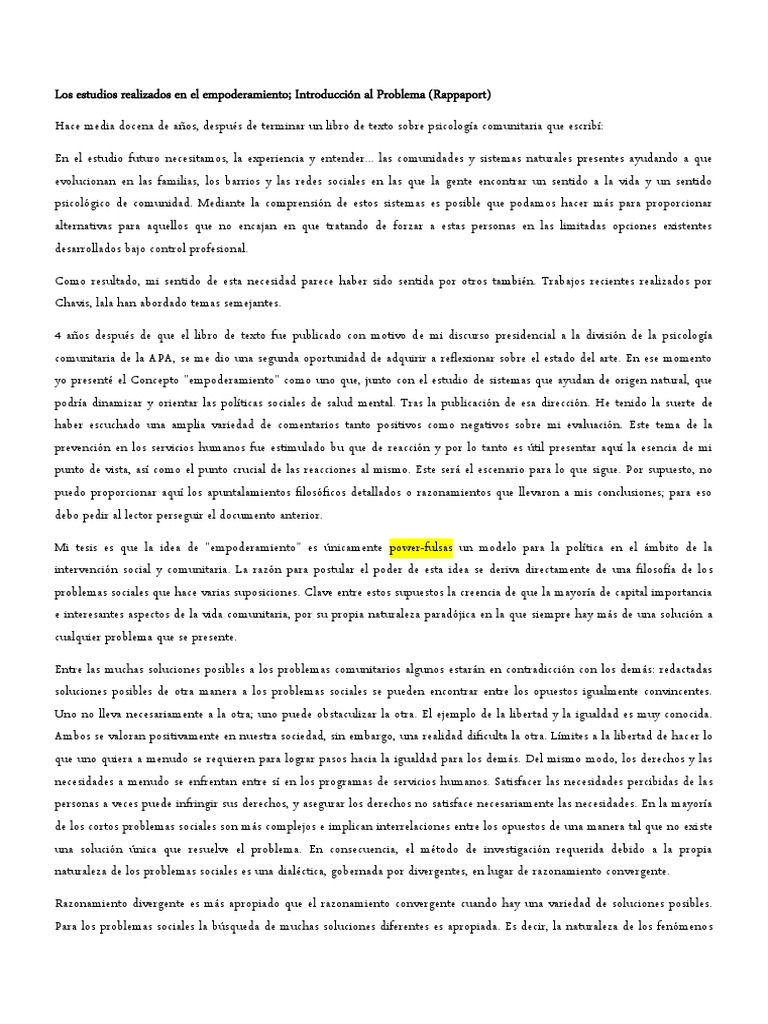 Empoderamiento según Julian Rappaport | PDF | Empoderamiento | Sociedad