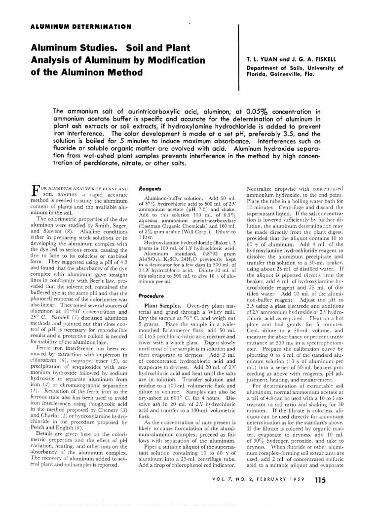 Aluminum Studies. Soil and Plant Analysis of Aluminum by Modification ...