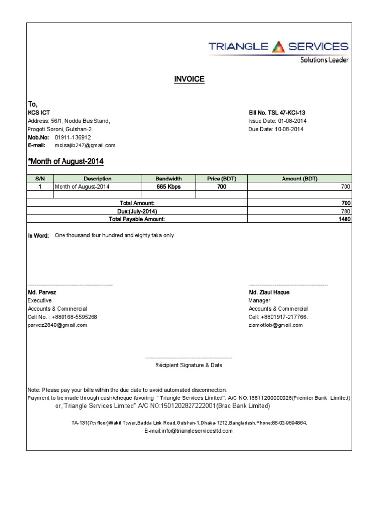 August 2014 Invoice for KCS ICT | PDF
