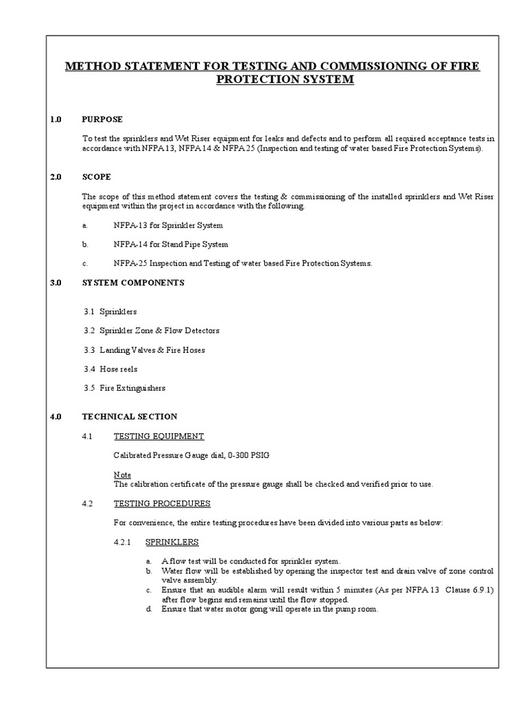 Method Statement For Testing and Commissioning of Fire Protection ...