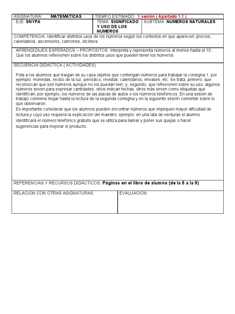 Planeación Matemáticas Primer Grado | PDF | Salón de clases | Evaluación