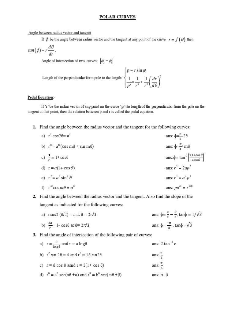 Question Bank Polar Curves Unit 1 Trigonometric Functions Tangent
