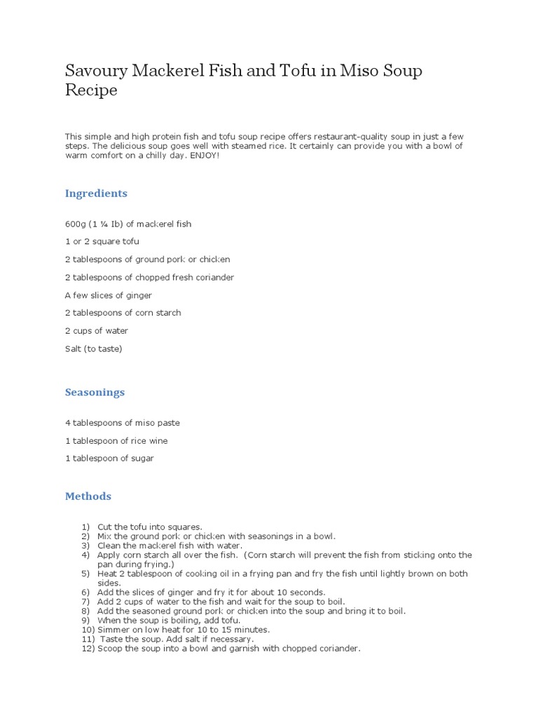 Mackerel and Tofu Miso Soup Recipe | PDF