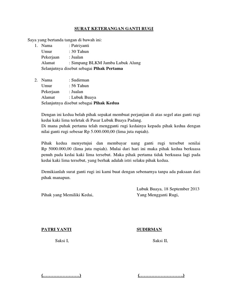 Surat Keterangan Ganti Rugi