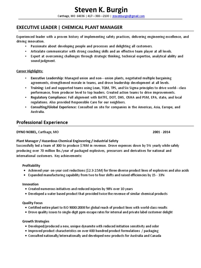 Chemical Plant Manager VP in Joplin Missouri Resume Steven Burgin PDF