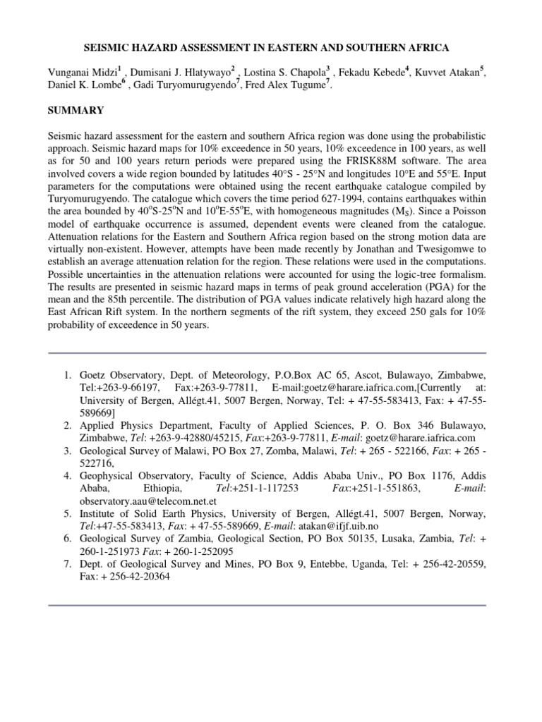 Seismic Hazard Assessment in Africa | PDF | Rift | Earthquakes