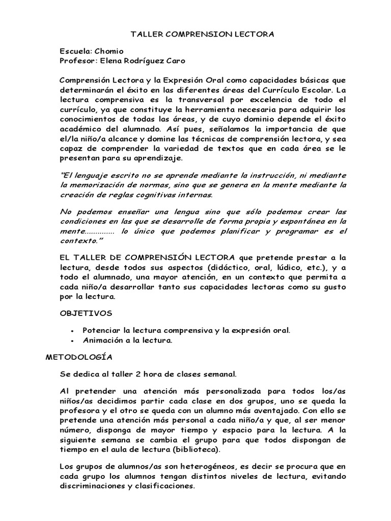 Taller de Comprensión Lectora Escolar | PDF | Lectura (proceso ...