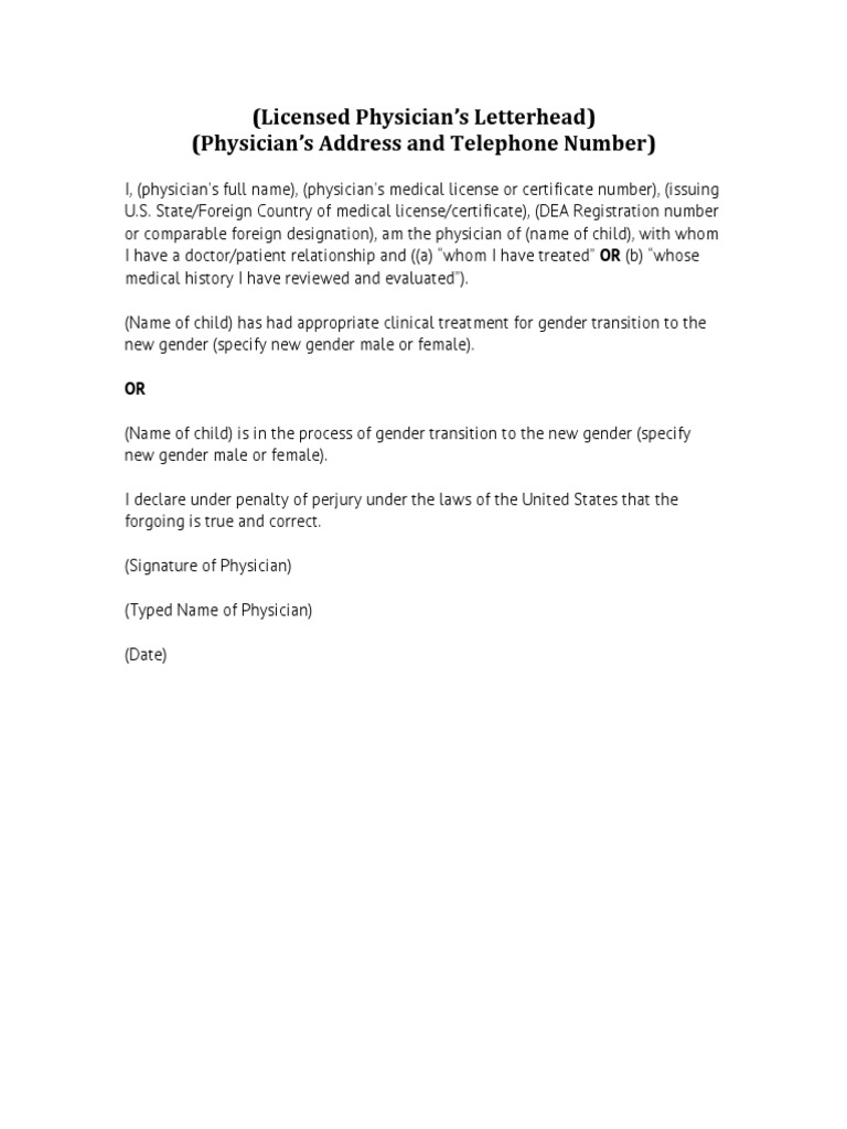 Model Doctor Letter For Gender Change PDF