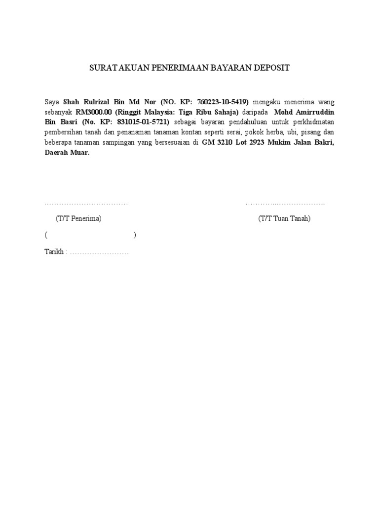 Contoh Surat Penerimaan Duit Pinjaman