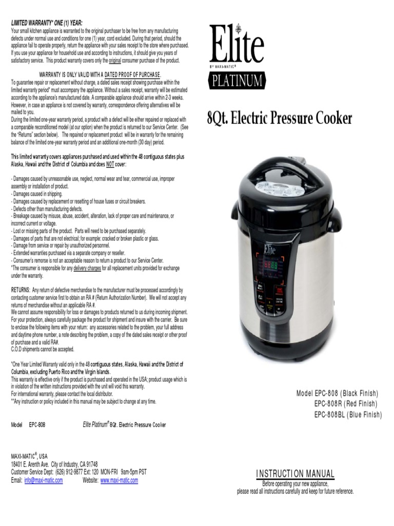 Elite(EPC 808) Manual | Pressure Cooking | Canning