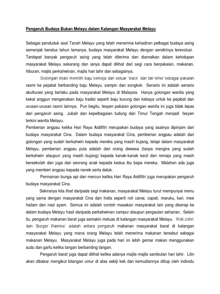 Pengaruh Budaya Bukan Melayu Dalam Kalangan Masyarakat Melayu Pdf