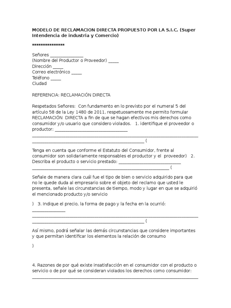 Modelo Reclamacion Sic Pdf Los Consumidores Producto Negocio