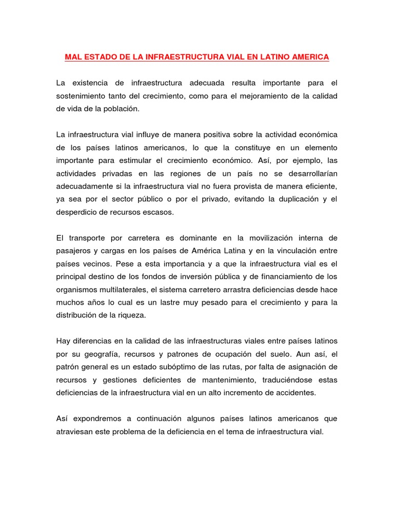 Mal Estado de La Infraestructura Vial en Latino America | PDF | America ...