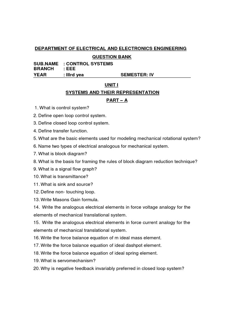 Control System Question Bank PDF Stability Theory Control Theory