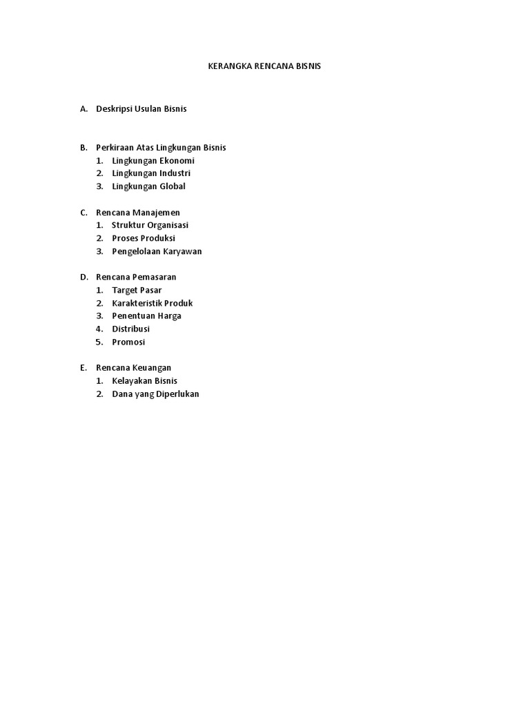 Contoh Kerangka Rencana Bisnis Business Plan Sederhana