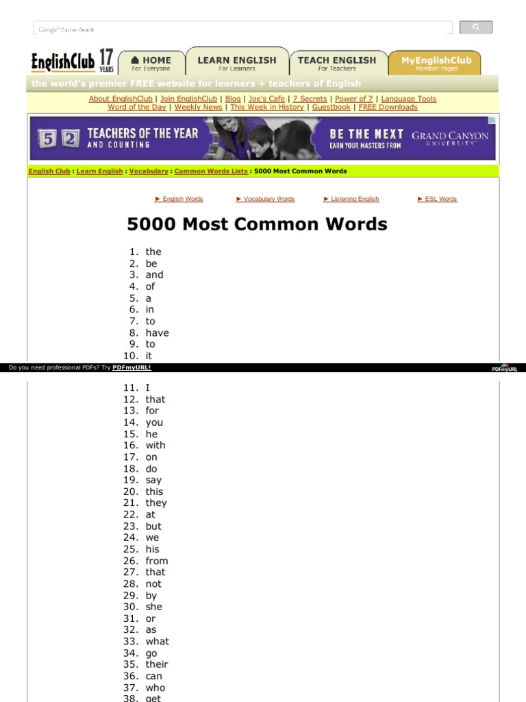 5000 Most Common Words PDF Psychology
