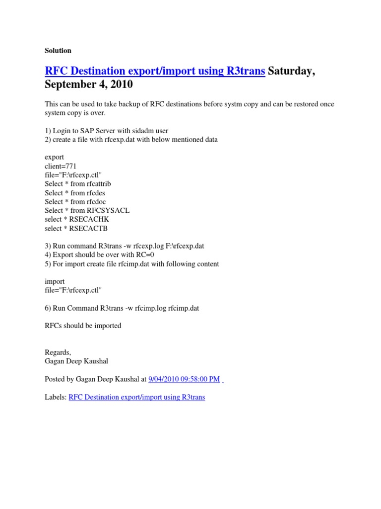 RFC Destination Backup with R3trans | PDF