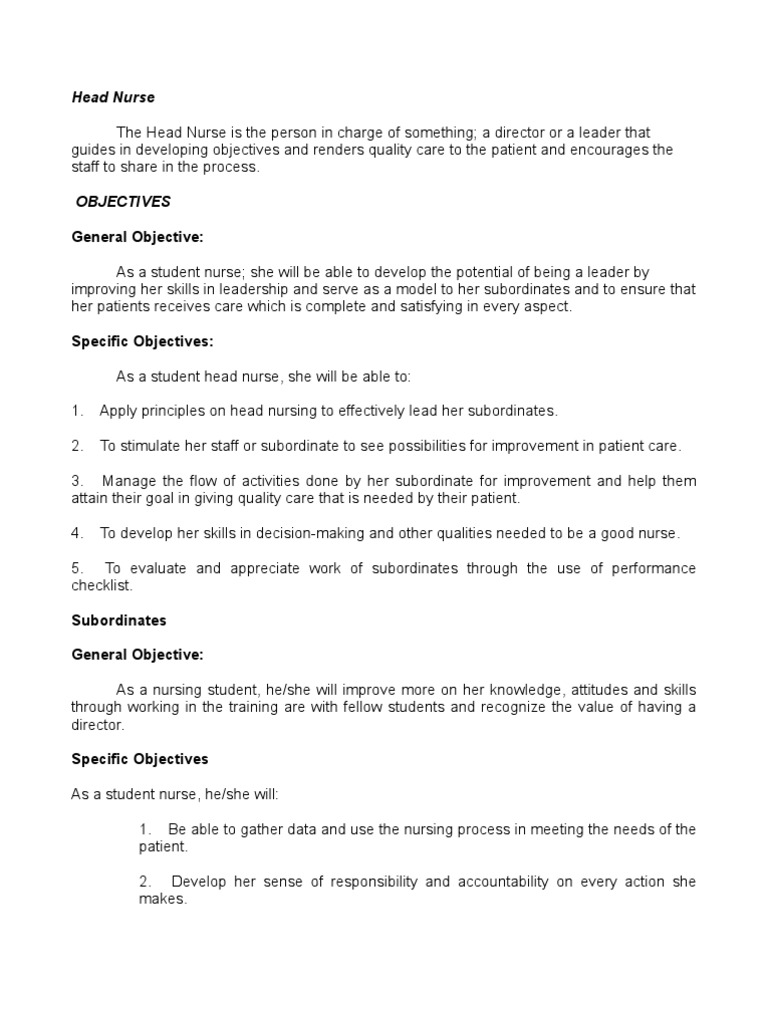 Head Nurse General Objective PDF Nursing Goal
